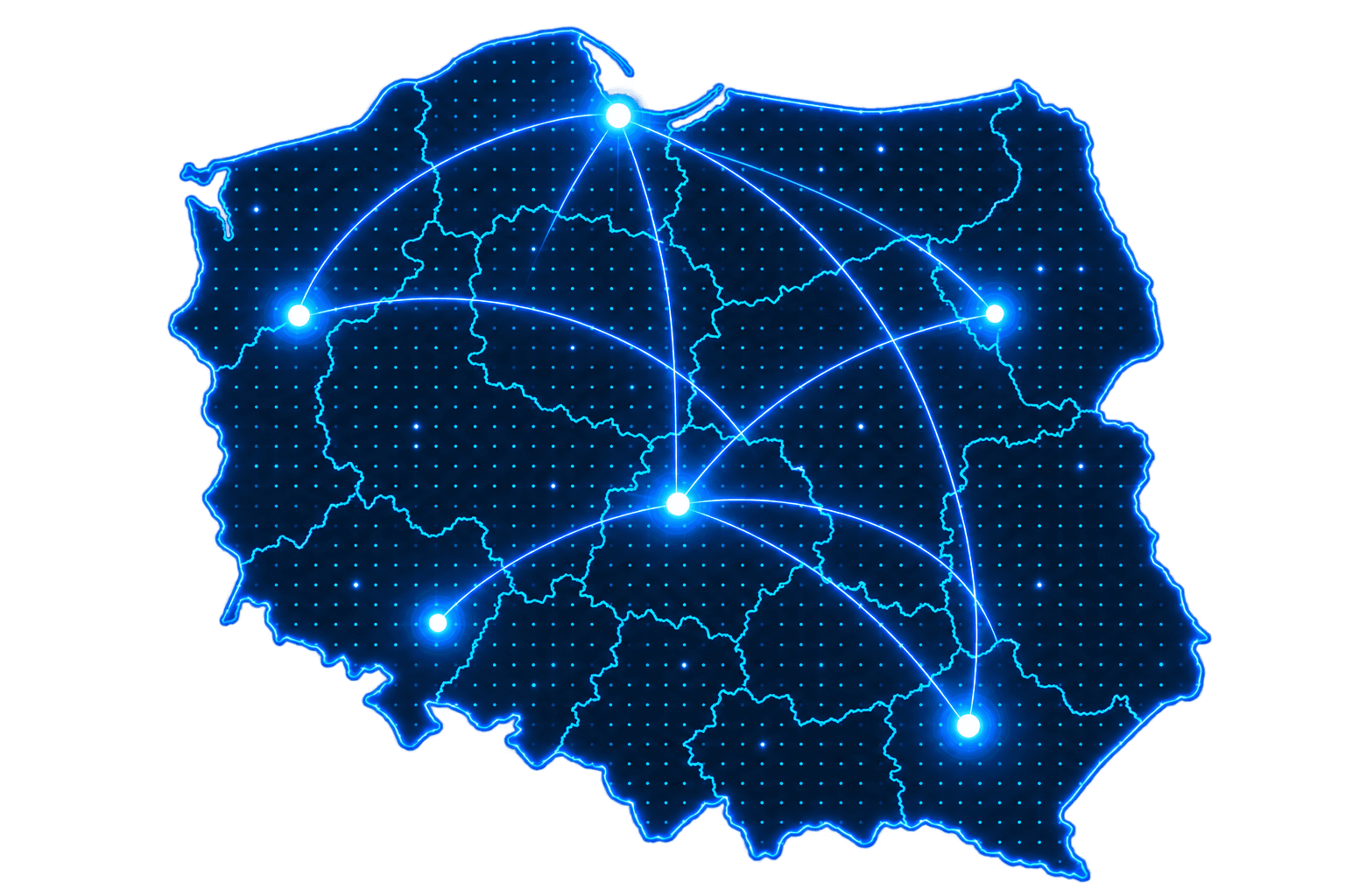 Neonowa mapa Polski przedstawiająca sieć połączeń technologicznych